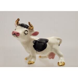 Vintage Hagen Renaker Miniature Cartoonsy Cow W/ Gold Horns Eyelashes HTF